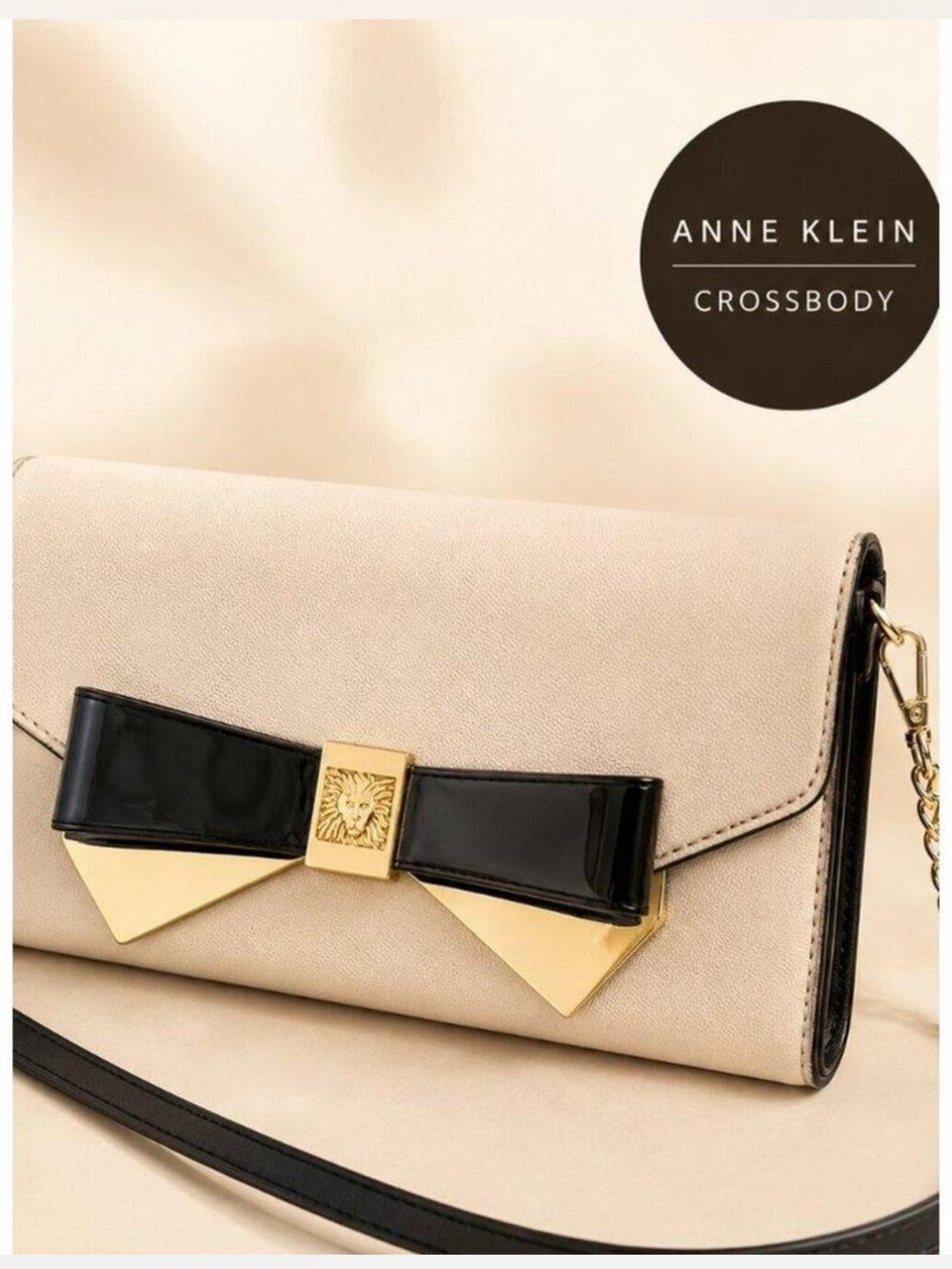 Anne Klein Cream Shoulder Bag with Black Bow and Gold Hardware